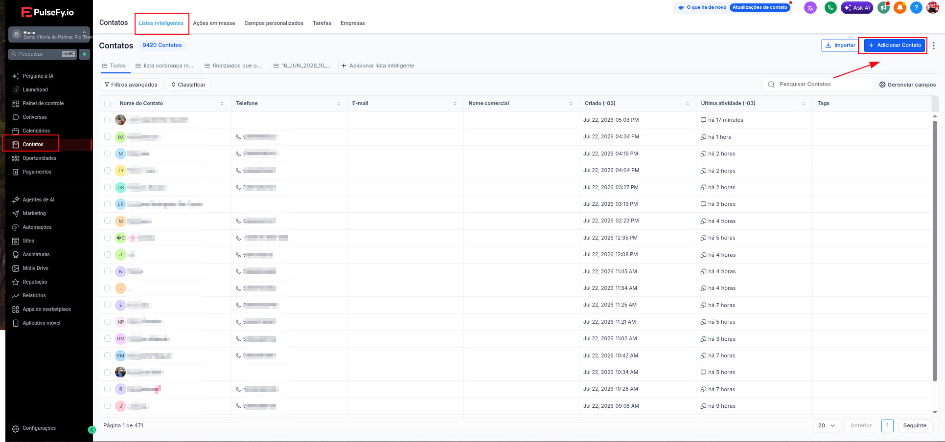 Menu de Contatos com botão Adicionar Contato destacado