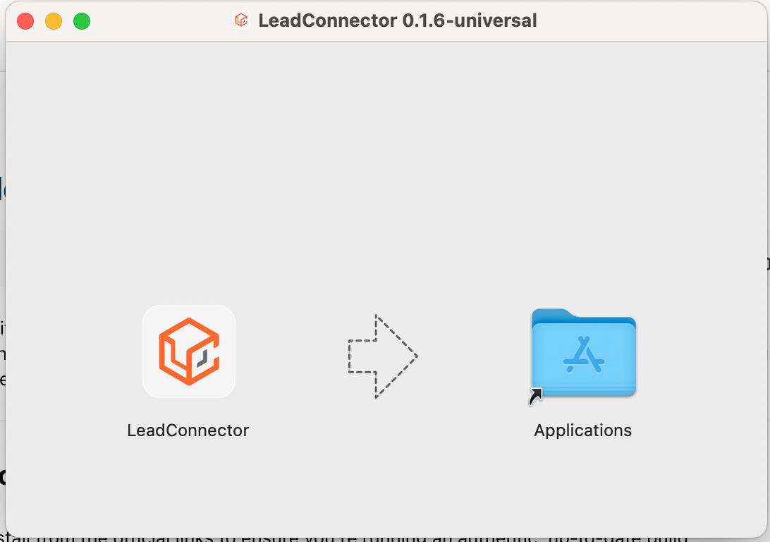 Janela de instalação do LeadConnector no macOS mostrando o ícone sendo arrastado para a pasta Aplicações