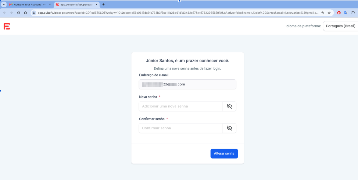 Página de ativação de conta do Pulsefy para definir a senha