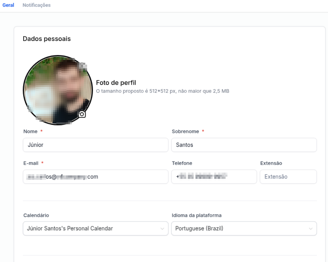 Exemplo da tela de dados pessoais preenchida após atualizar o perfil