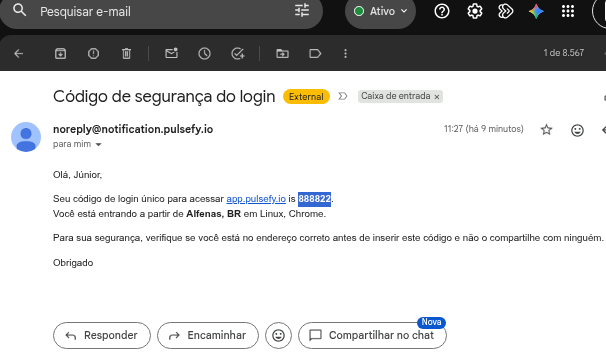 E-mail com o código de segurança enviado pelo Pulsefy
