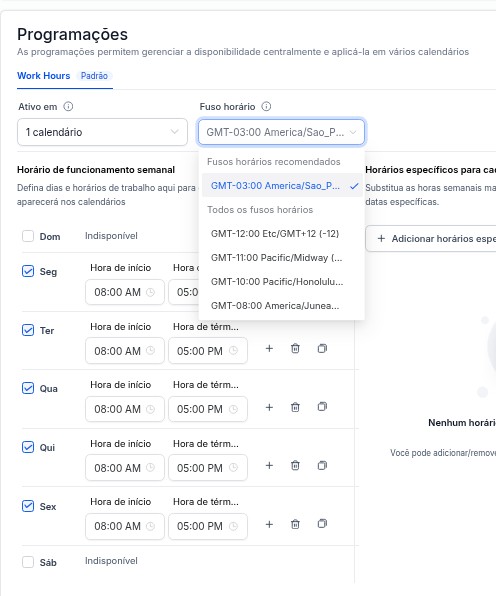 Tela de programações com fuso horário e horário de funcionamento semanal