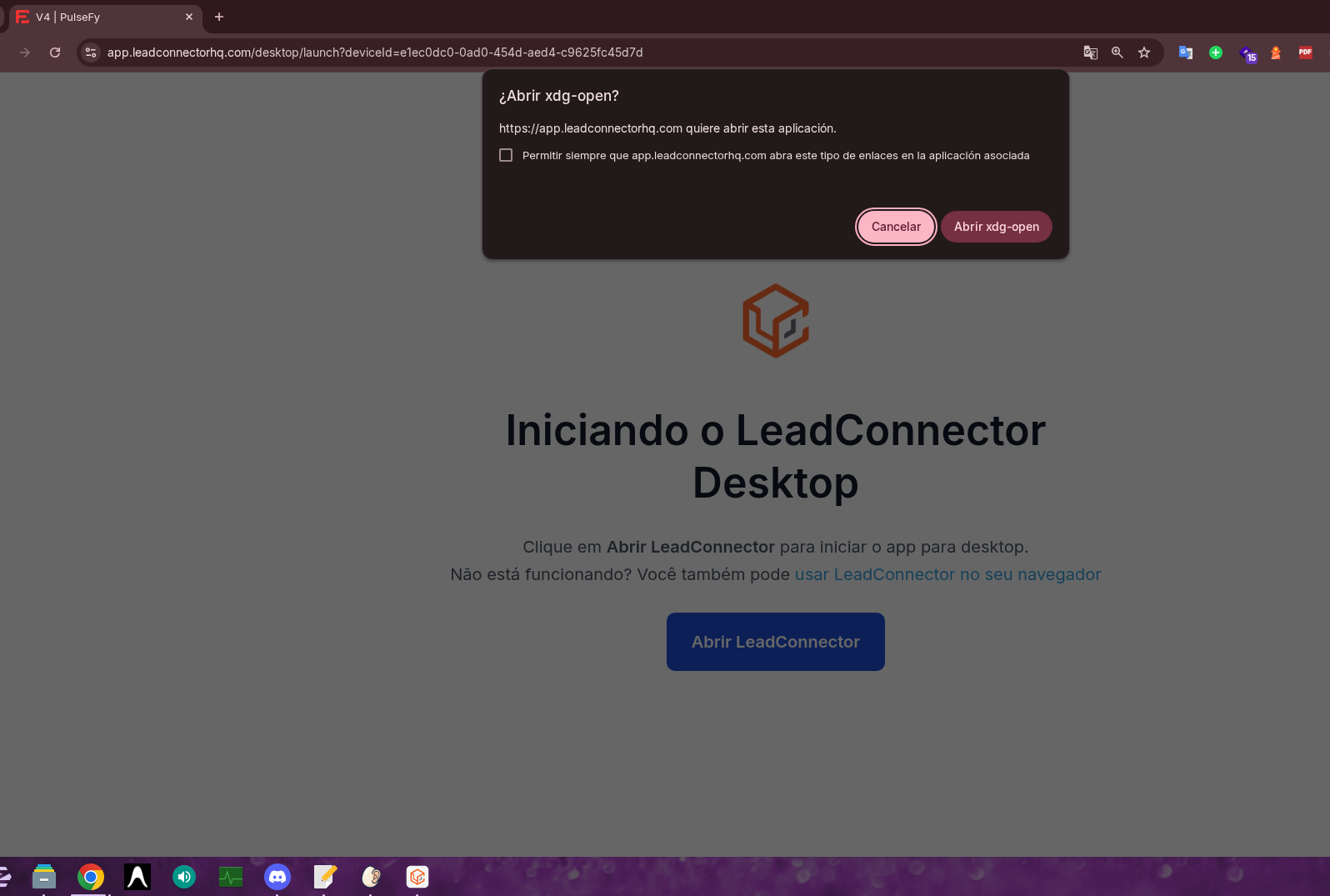 Tela de início do LeadConnector Desktop pedindo autorização para abrir o aplicativo