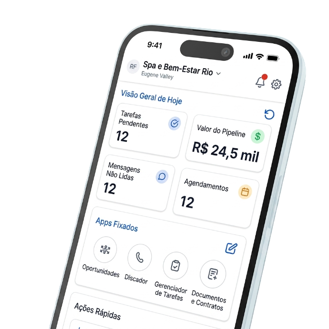 App mobile do Pulsefy com painel de tarefas, pipeline e agendamentos