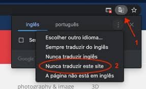 Menu do Google Tradutor no navegador com a opção Nunca traduzir este site destacada
