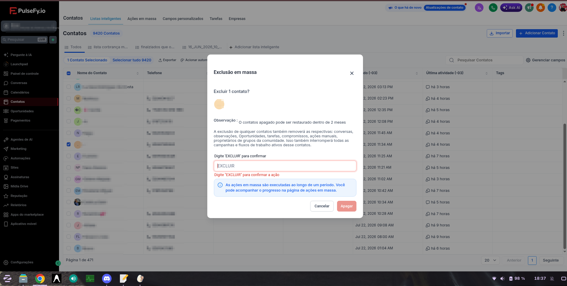 Pop-up de confirmação de exclusão em massa