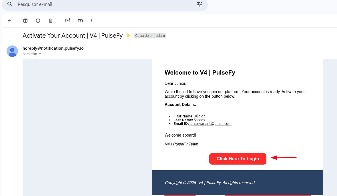 Conteúdo do e-mail de boas-vindas com o link para ativar a conta