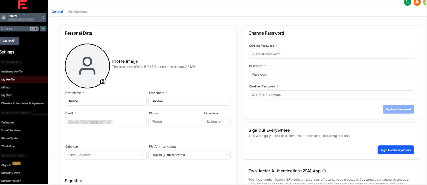 Tela My Profile com dados pessoais, alteração de senha e configurações da conta
