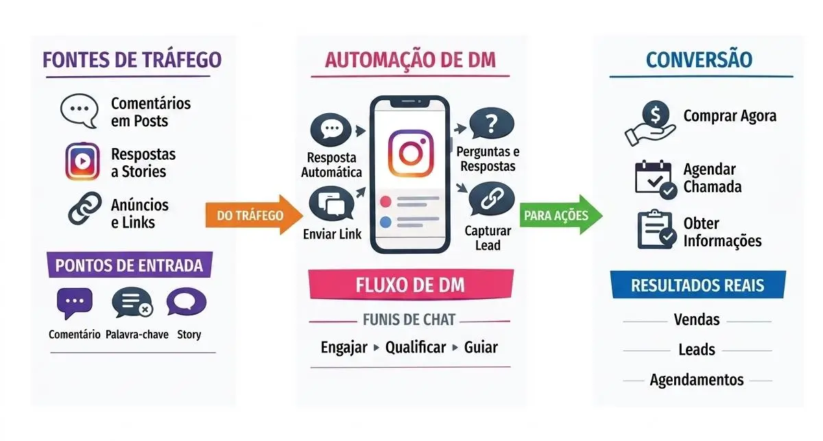 Fluxo visual: Fontes de Tráfego → Automação de DM → Conversão
