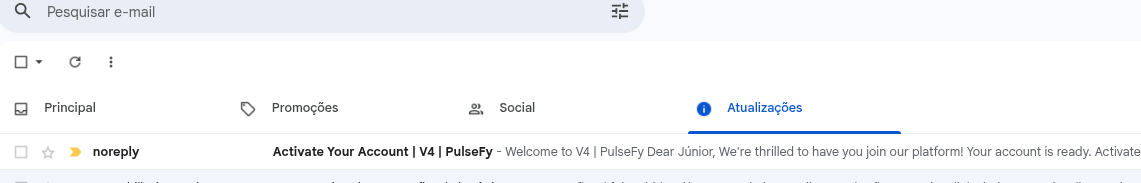 Caixa de entrada mostrando o e-mail de ativação da conta Pulsefy