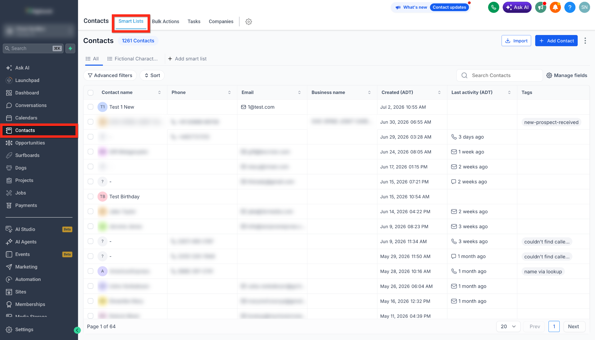 Menu Contatos > Listas Inteligentes destacado